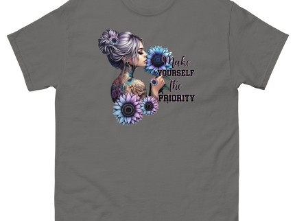 Make Yourself Priority Tee – Tattooed Floral Woman Graphic Women Tees Style Junction – Custom Digital Designs & Apparel Charcoal S