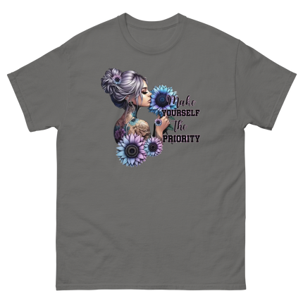Make Yourself Priority Tee – Tattooed Floral Woman Graphic Women Tees Style Junction – Custom Digital Designs & Apparel Charcoal S