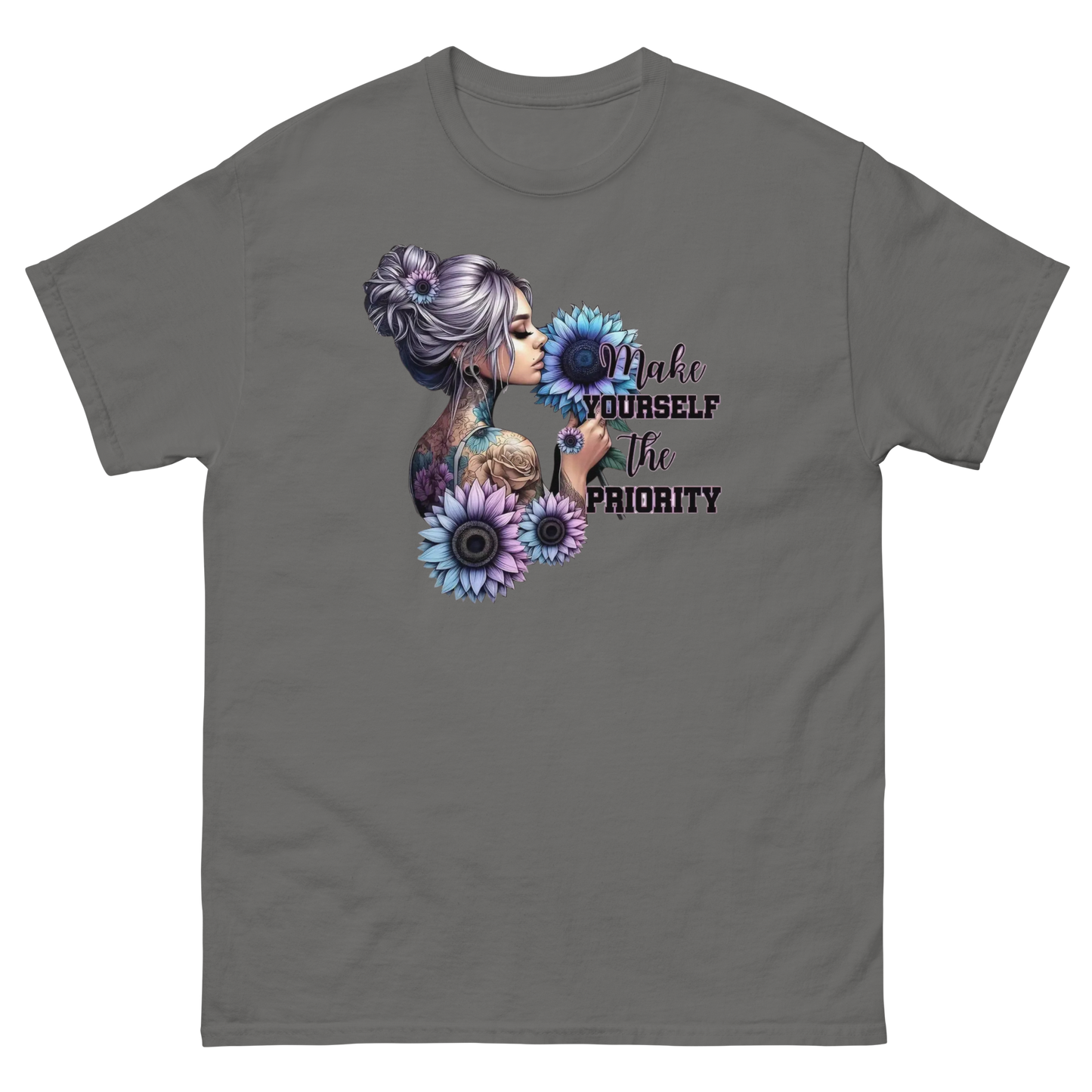 Make Yourself Priority Tee – Tattooed Floral Woman Graphic Women Tees Style Junction – Custom Digital Designs & Apparel Charcoal S