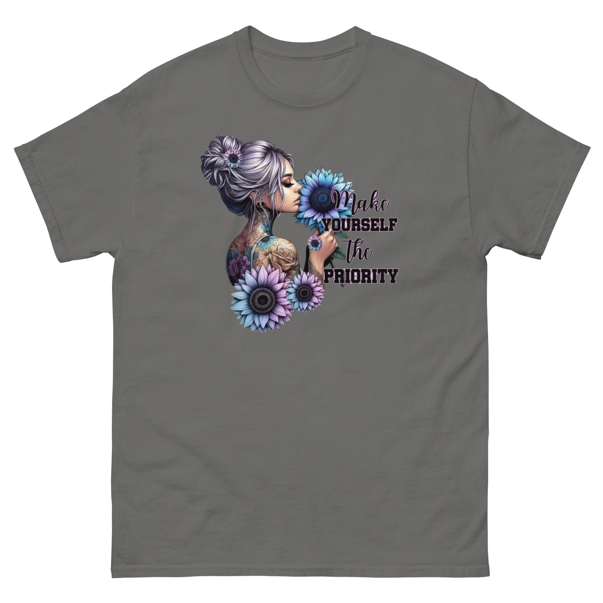 Make Yourself Priority Tee – Tattooed Floral Woman Graphic Women Tees Style Junction – Custom Digital Designs & Apparel Charcoal S