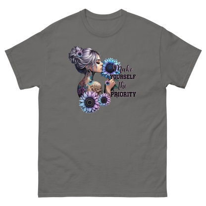 Make Yourself Priority Tee – Tattooed Floral Woman Graphic Women Tees Style Junction – Custom Digital Designs & Apparel Charcoal S