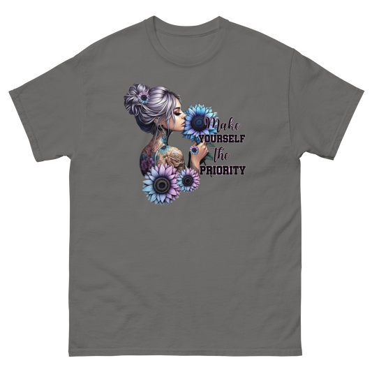 Make Yourself Priority Tee – Tattooed Floral Woman Graphic Women Tees Style Junction – Custom Digital Designs & Apparel Charcoal S