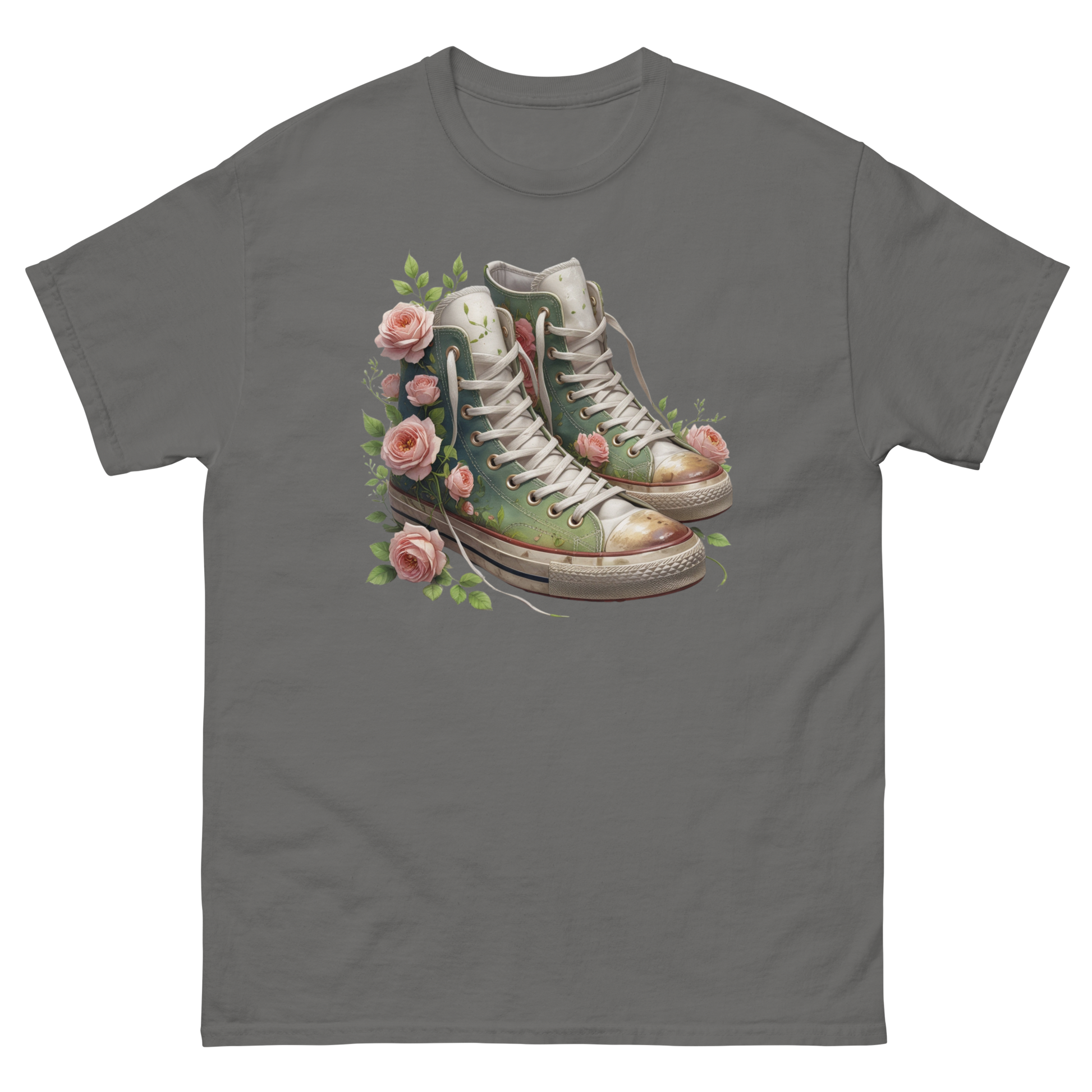 Floral High Top Sneaker Tee – Boho Chic Rose Graphic Shirt Women Tees Style Junction – Custom Digital Designs & Apparel Charcoal S