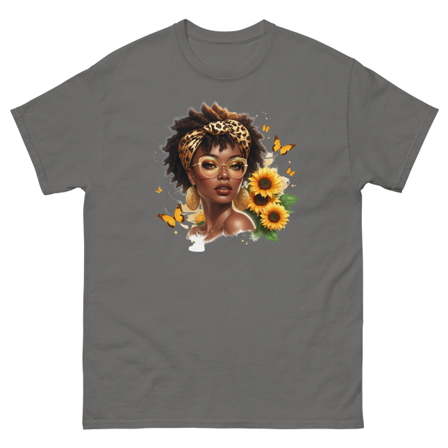 Afro Chic Sunflower Tee – Leopard Wrap & Butterfly Graphic Women Tees Style Junction – Custom Digital Designs & Apparel Charcoal S