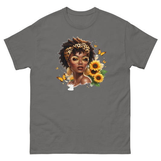 Afro Chic Sunflower Tee – Leopard Wrap & Butterfly Graphic Women Tees Style Junction – Custom Digital Designs & Apparel Charcoal S