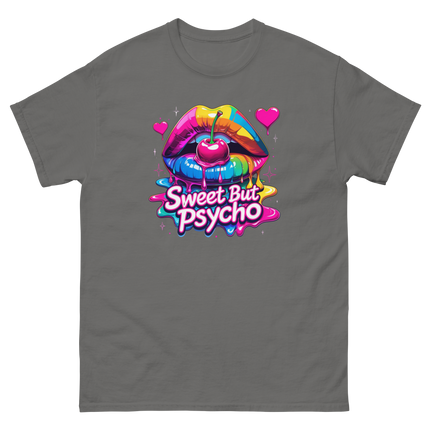 Sweet But Psycho Tee – Neon Cherry Dripping Lips Pop Art Women Tees Style Junction – Custom Digital Designs & Apparel Charcoal S