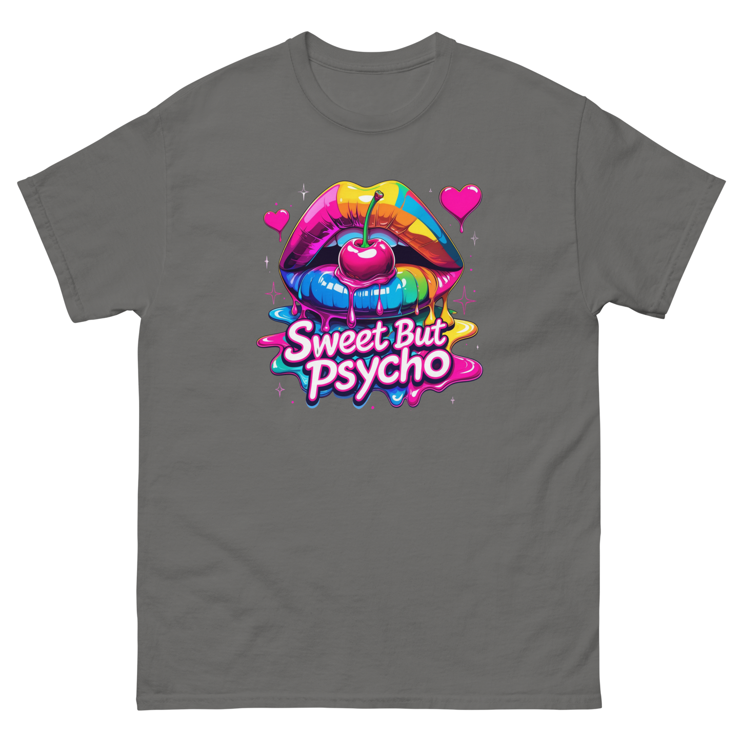 Sweet But Psycho Tee – Neon Cherry Dripping Lips Pop Art Women Tees Style Junction – Custom Digital Designs & Apparel Charcoal S