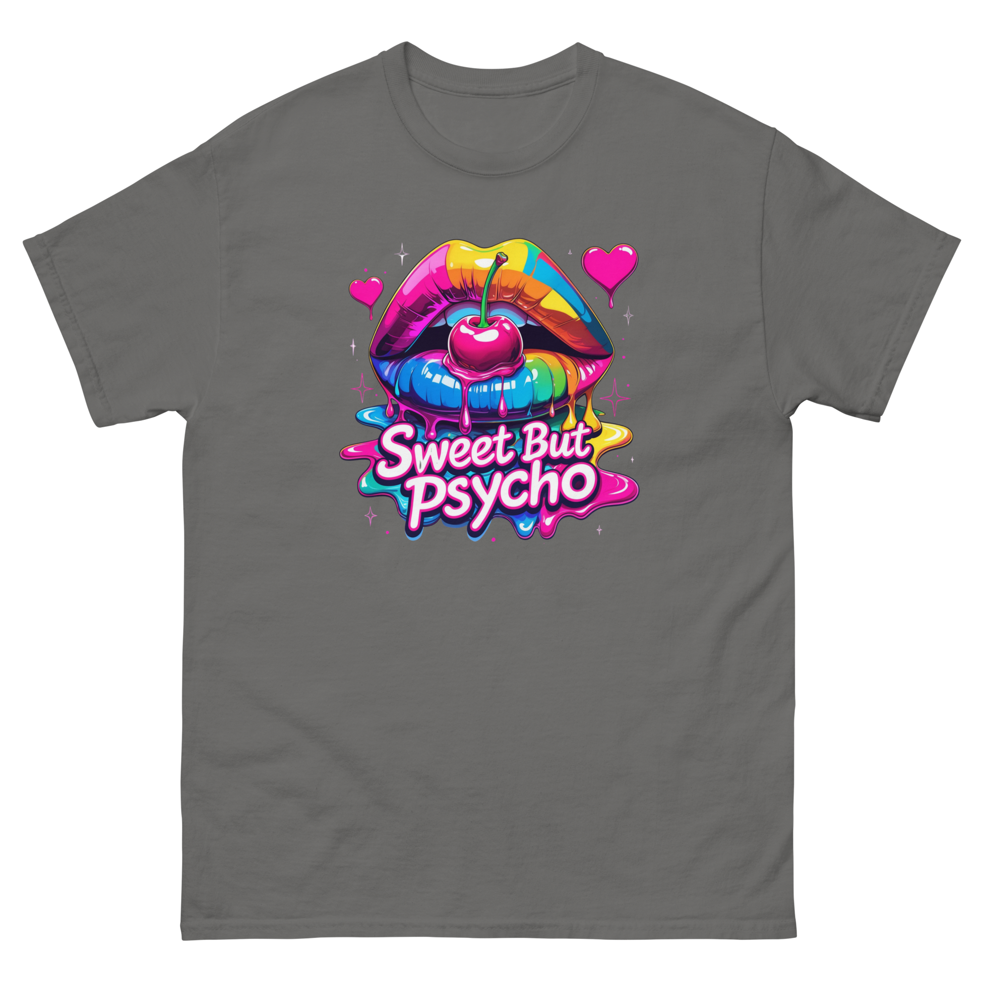 Sweet But Psycho Tee – Neon Cherry Dripping Lips Pop Art Women Tees Style Junction – Custom Digital Designs & Apparel Charcoal S