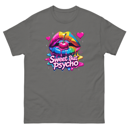 Sweet But Psycho Tee – Neon Cherry Dripping Lips Pop Art Women Tees Style Junction – Custom Digital Designs & Apparel Charcoal S