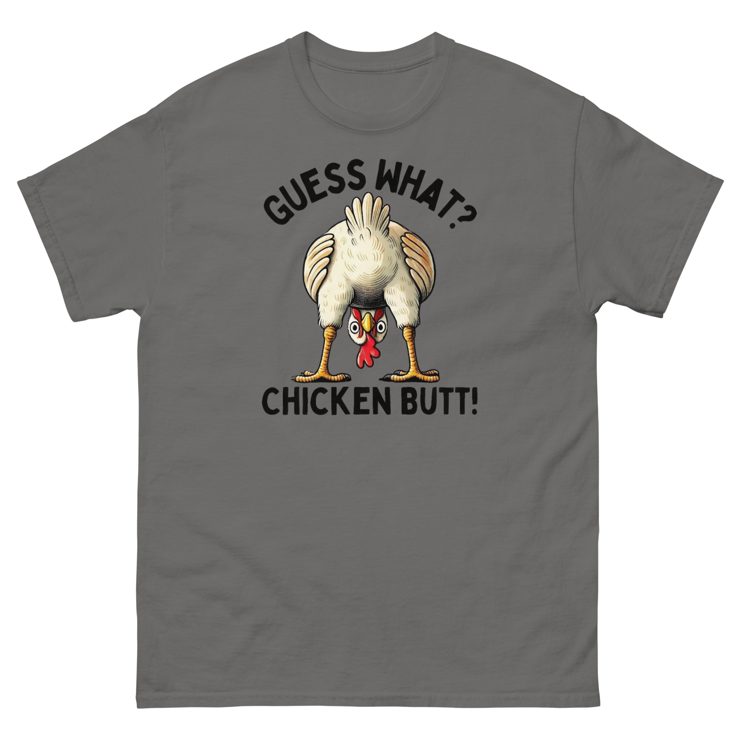 Funny Chicken Butt Tee – “Guess What” Comical Farm Graphic Shirt Women Tees Style Junction – Custom Digital Designs & Apparel Charcoal S