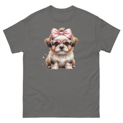 Fluffy Dog Tee – Pink Bow & Heart Glasses Pet Lover Graphic Women Tees Style Junction – Custom Digital Designs & Apparel Charcoal S
