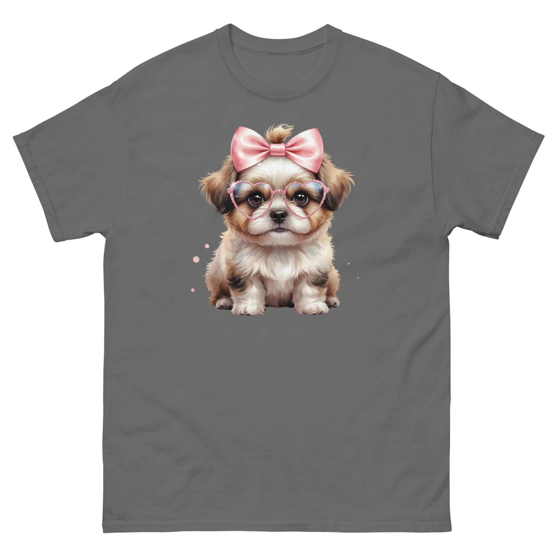 Fluffy Dog Tee – Pink Bow & Heart Glasses Pet Lover Graphic Women Tees Style Junction – Custom Digital Designs & Apparel Charcoal S