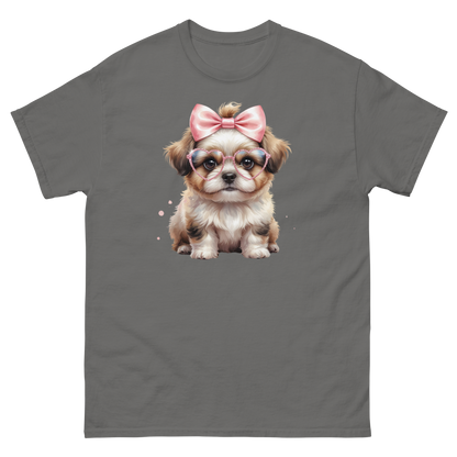 Fluffy Dog Tee – Pink Bow & Heart Glasses Pet Lover Graphic Women Tees Style Junction – Custom Digital Designs & Apparel Charcoal S