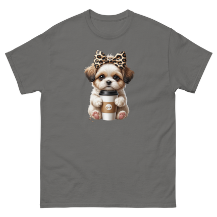 Leopard Bow Shih Tzu Tee – Cute Coffee Puppy Graphic Shirt Women Tees Style Junction – Custom Digital Designs & Apparel Charcoal S