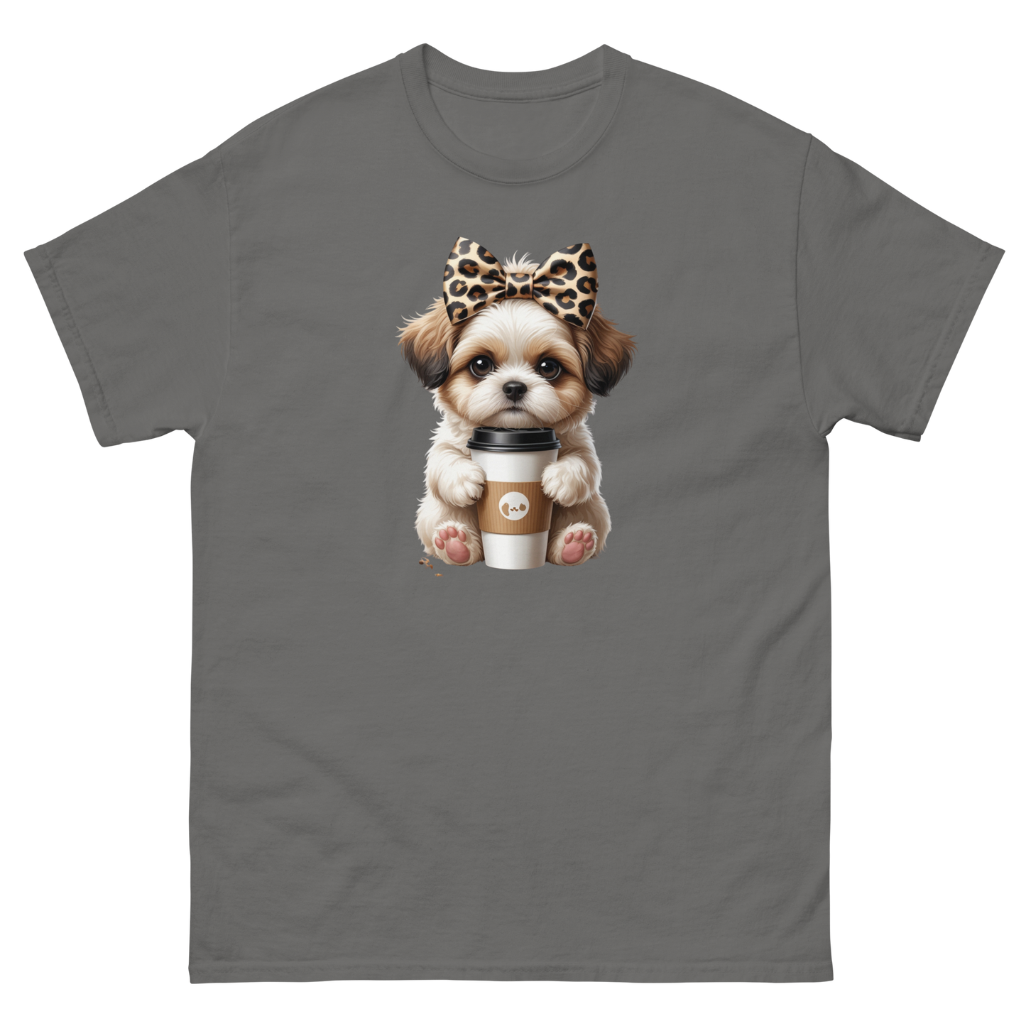 Leopard Bow Shih Tzu Tee – Cute Coffee Puppy Graphic Shirt Women Tees Style Junction – Custom Digital Designs & Apparel Charcoal S