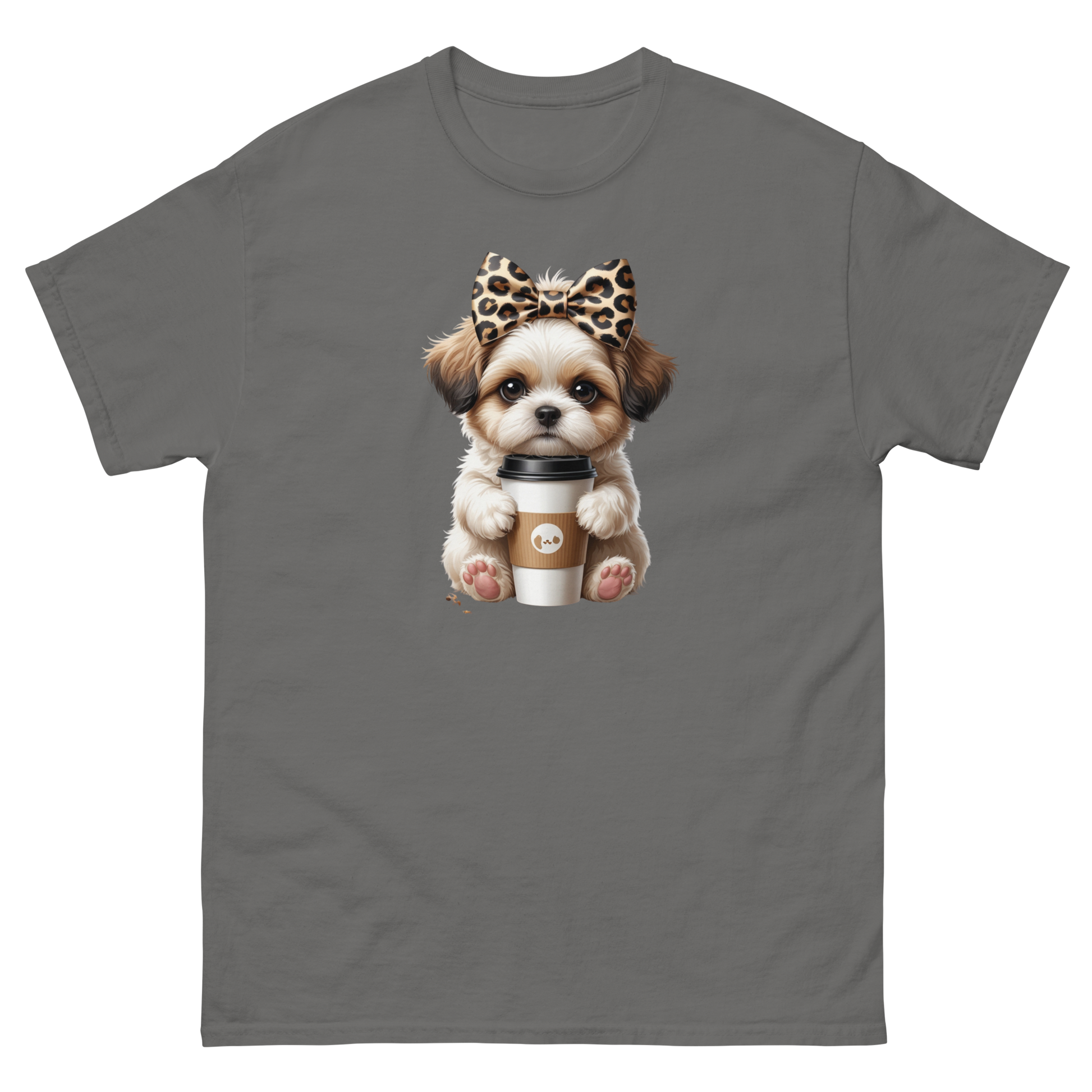 Leopard Bow Shih Tzu Tee – Cute Coffee Puppy Graphic Shirt Women Tees Style Junction – Custom Digital Designs & Apparel Charcoal S