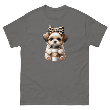 Leopard Bow Shih Tzu Tee – Cute Coffee Puppy Graphic Shirt Women Tees Style Junction – Custom Digital Designs & Apparel Charcoal S