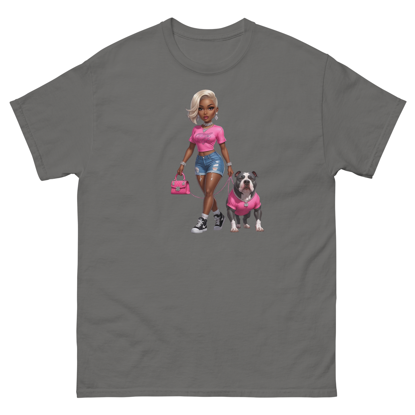 Hot Pink Bulldog Diva Tee – 100% Cotton Graphic Streetwear Women Tees Style Junction – Custom Digital Designs & Apparel Charcoal S