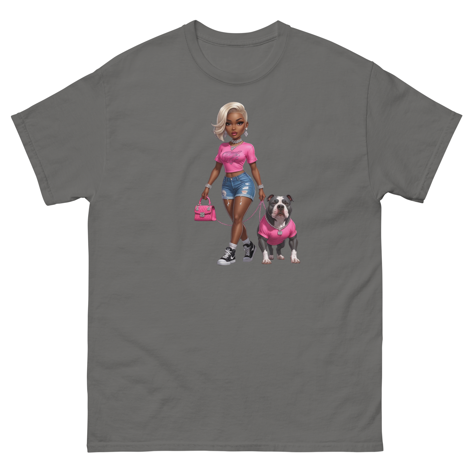 Hot Pink Bulldog Diva Tee – 100% Cotton Graphic Streetwear Women Tees Style Junction – Custom Digital Designs & Apparel Charcoal S