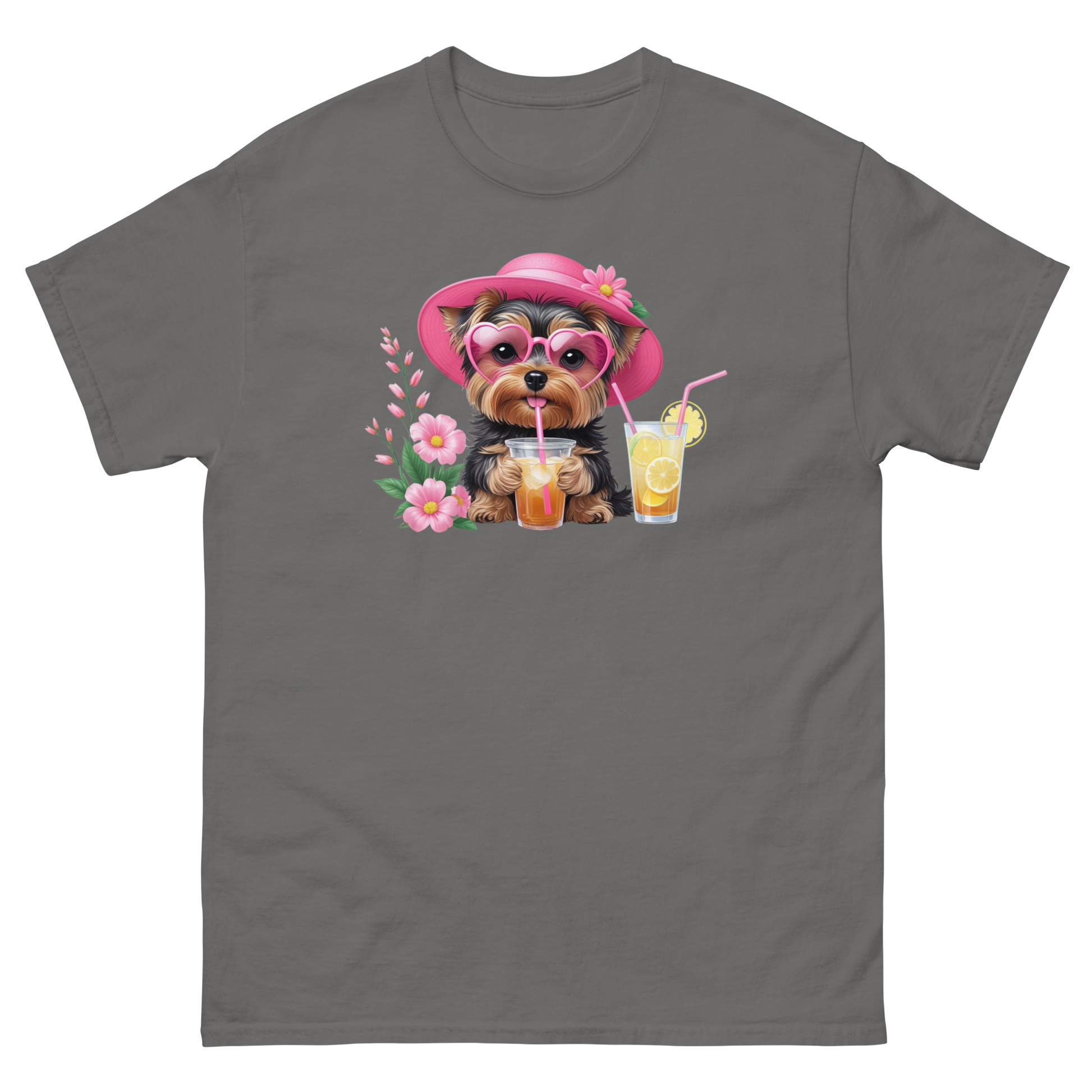 Yorkie Dog #1 Iced Tea Graphic Tee – Floral Summer PNG Print Shirt Women Tees Style Junction – Custom Digital Designs Charcoal S