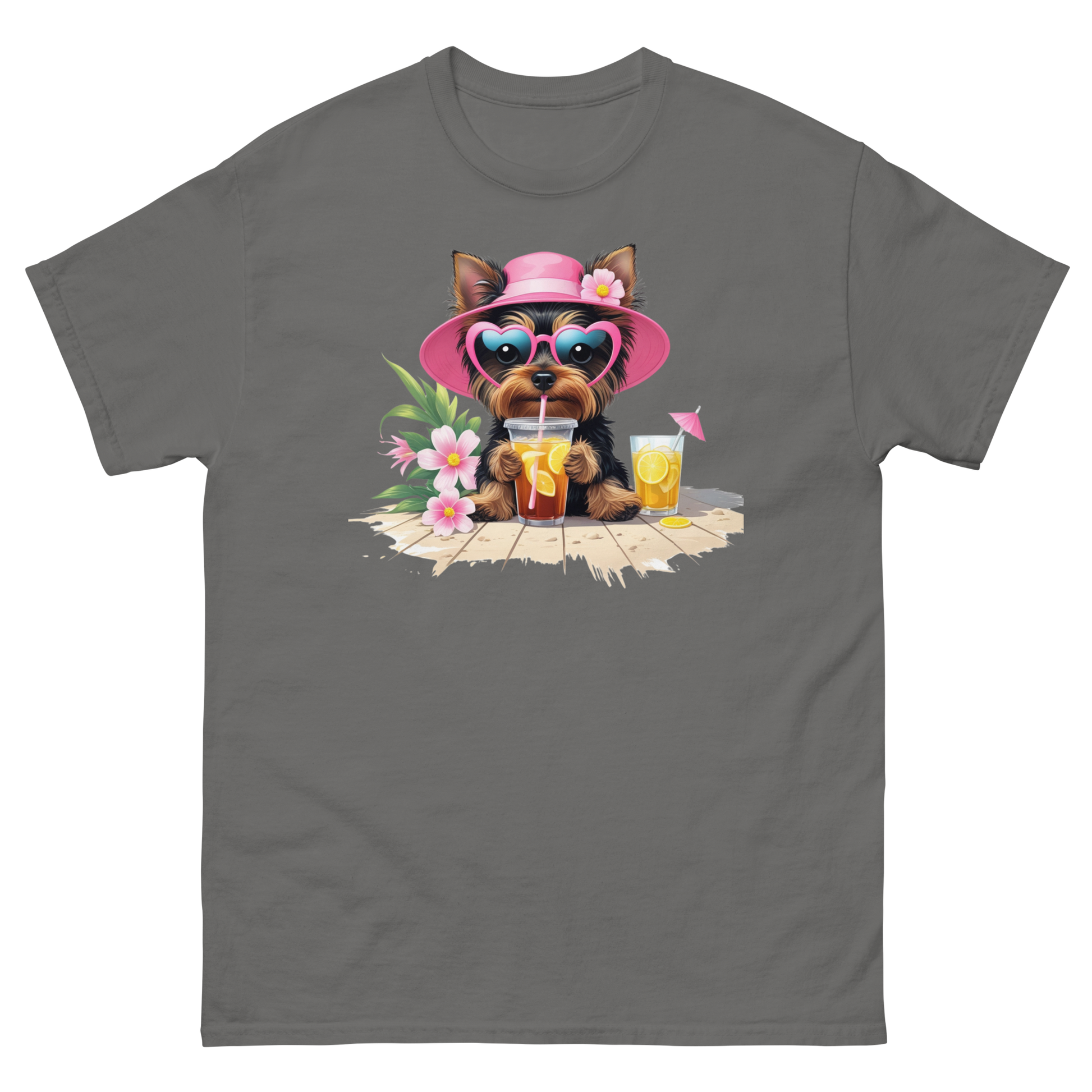 Yorkie Dog #3 Iced Tea Graphic Tee – Floral Summer PNG Print Shirt Women Tees Style Junction – Custom Digital Designs Charcoal S