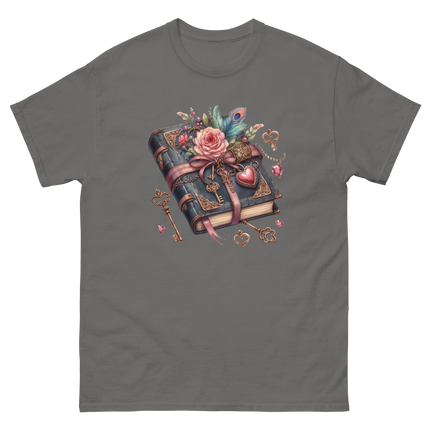 Vintage Rose Key Book Graphic Tee Women Tees Style Junction – Custom Digital Designs & Apparel Charcoal S