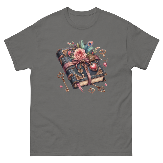 Vintage Rose Key Book Graphic Tee Women Tees Style Junction – Custom Digital Designs & Apparel Charcoal S