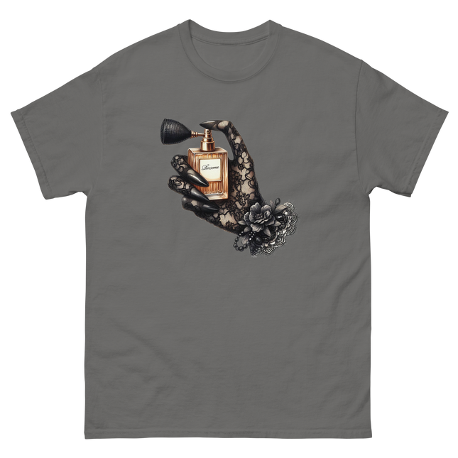 Gold Perfume Bottle Gothic Lace Tee Women Tees Style Junction – Custom Digital Designs & Apparel Charcoal S