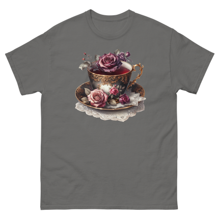 Romantic Teacup with Roses Art Tee Women Tees Style Junction – Custom Digital Designs & Apparel Charcoal S