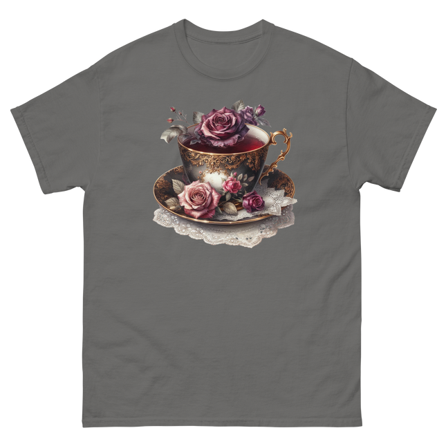 Romantic Teacup with Roses Art Tee Women Tees Style Junction – Custom Digital Designs & Apparel Charcoal S
