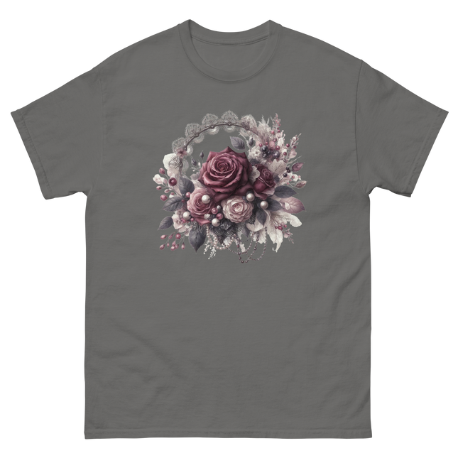 Mauve Rose Pearl Wreath Graphic Tee Women Tees Style Junction – Custom Digital Designs & Apparel Charcoal S