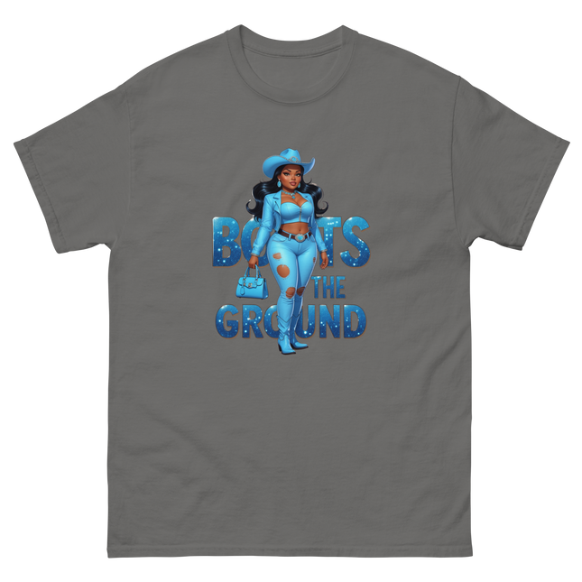Boots on the Ground Tee – Light Blue Curvy Cowgirl Graphic #1 Women Tees Style Junction – Custom Digital Designs & Apparel Charcoal S