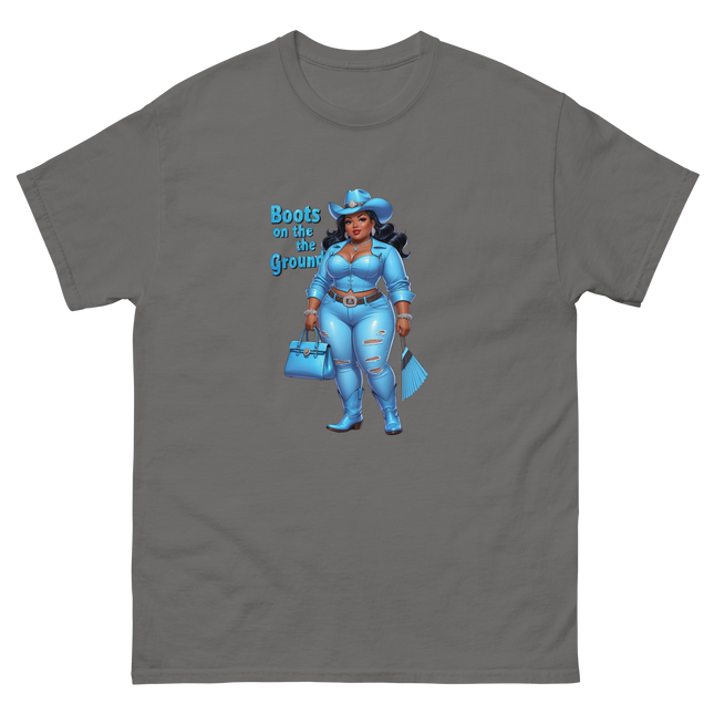Boots on the Ground Tee – Light Blue Curvy Cowgirl Graphic #3 Women Tees Style Junction – Custom Digital Designs & Apparel Charcoal S