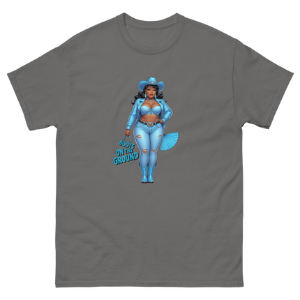 Boots on the Ground Tee – Light Blue Curvy Cowgirl Graphic #4 Women Tees Style Junction – Custom Digital Designs & Apparel Charcoal S