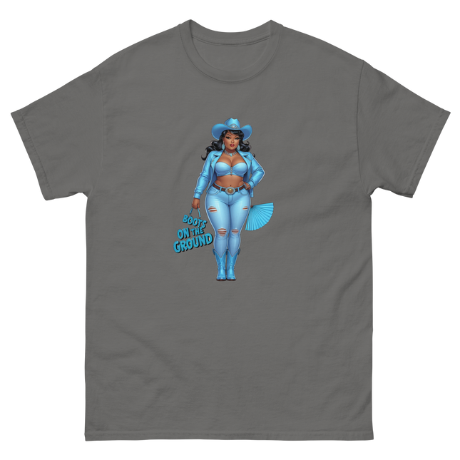 Boots on the Ground Tee – Light Blue Curvy Cowgirl Graphic #4 Women Tees Style Junction – Custom Digital Designs & Apparel Charcoal S