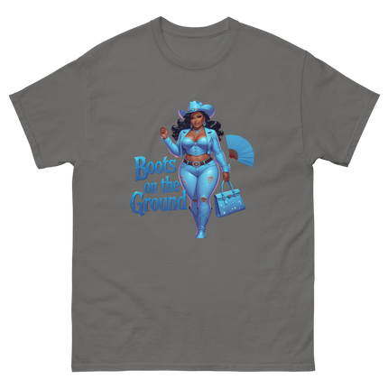 Boots on the Ground Tee – Light Blue Curvy Cowgirl Graphic #5 Women Tees Style Junction – Custom Digital Designs & Apparel Charcoal S