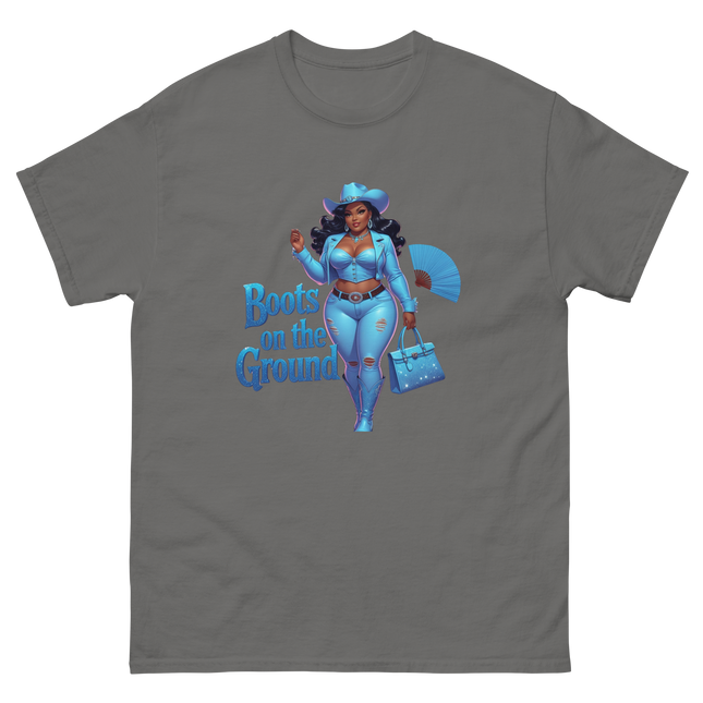Boots on the Ground Tee – Light Blue Curvy Cowgirl Graphic #5 Women Tees Style Junction – Custom Digital Designs & Apparel Charcoal S