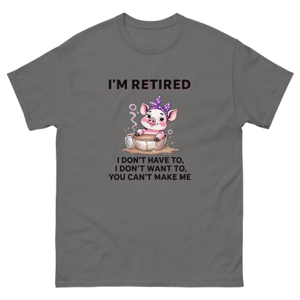 I'm Retired Tee – Funny Pig in Mug Graphic with Sassy Quote #2 Women Tees Style Junction – Custom Digital Designs & Apparel Charcoal S