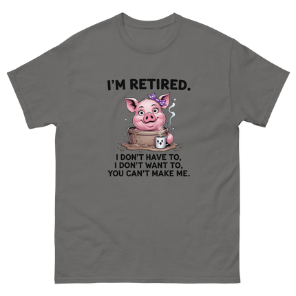 I'm Retired Tee – Funny Pig in Mug Graphic with Sassy Quote #4 Women Tees Style Junction – Custom Digital Designs & Apparel Charcoal S