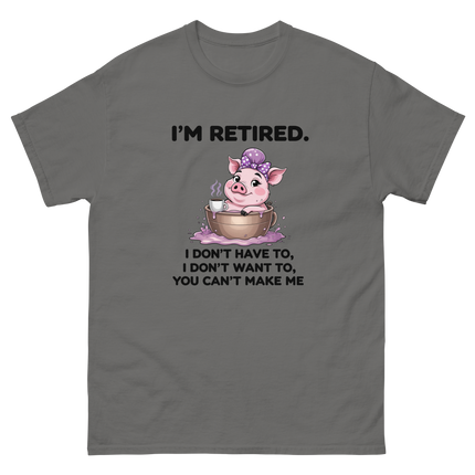 I'm Retired Tee – Funny Pig in Mug Graphic with Sassy Quote #5 Women Tees Style Junction – Custom Digital Designs & Apparel Charcoal S