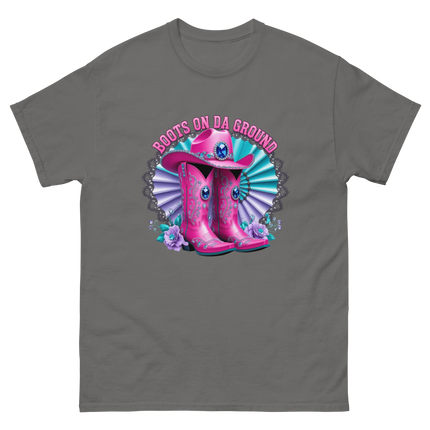 Blinged Out Cowgirl Tee – Pink Boots on Da Ground Women Tees Style Junction – Custom Digital Designs & Apparel Charcoal S