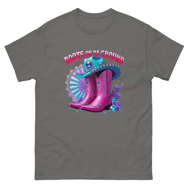 Boots on Da Ground Tee – Hot Pink with Fan Detail Women Tees Style Junction – Custom Digital Designs & Apparel Charcoal S