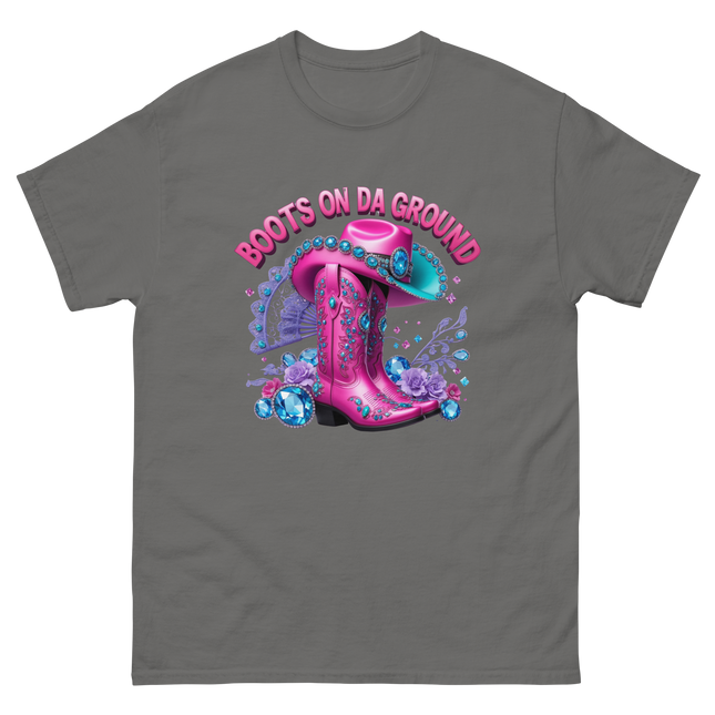 Bold Cowgirl Tee – Aqua Hat & Pink Boots Combo Women Tees Style Junction – Custom Digital Designs & Apparel Charcoal S
