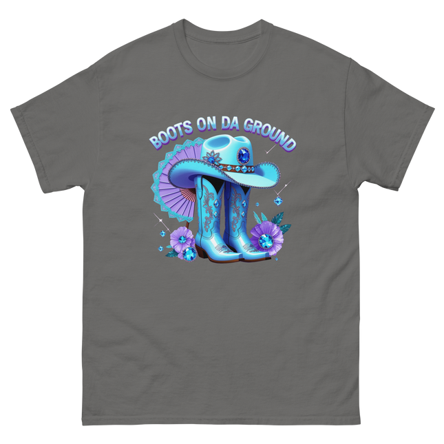 Light Blue Cowgirl Tee – Boots on Da Ground Western Glam Women Tees Style Junction – Custom Digital Designs & Apparel Charcoal S