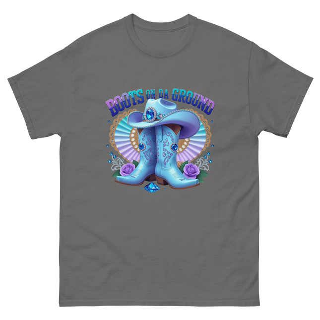 Western Shine Tee – Boots on Da Ground in Cool Blue Women Tees Style Junction – Custom Digital Designs & Apparel Charcoal S