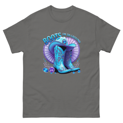 Sparkling Cowgirl Tee – Lavender Fan & Blue Boot Look Women Tees Style Junction – Custom Digital Designs & Apparel Charcoal S