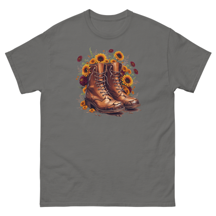 Rustic Fall Combat Boots with Sunflowers Graphic Tee #1 Women Tees Style Junction – Custom Digital Designs & Apparel Charcoal S
