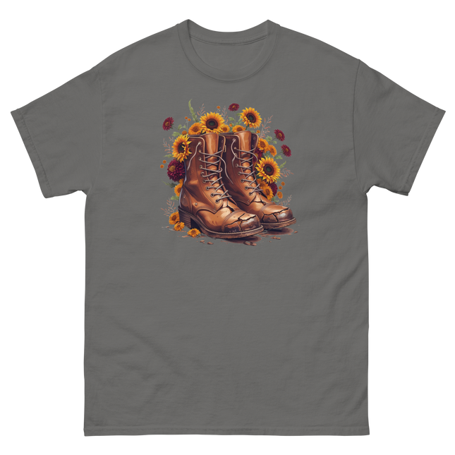 Rustic Fall Combat Boots with Sunflowers Graphic Tee #1 Women Tees Style Junction – Custom Digital Designs & Apparel Charcoal S
