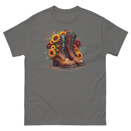 Rustic Fall Combat Boots with Sunflowers Graphic Tee #2 Women Tees Style Junction – Custom Digital Designs & Apparel Charcoal S