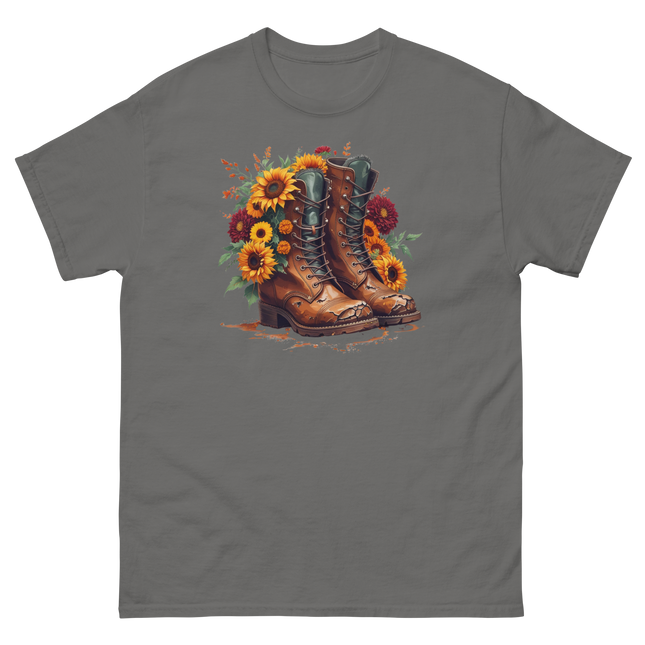 Rustic Fall Combat Boots with Sunflowers Graphic Tee #2 Women Tees Style Junction – Custom Digital Designs & Apparel Charcoal S